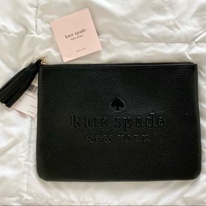 NWT Kate Spade Black Leather Logo Envelope Clutch
